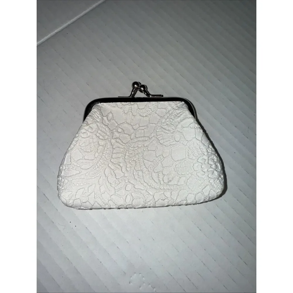 Faux Leather Kisslock Coin Purse with Ivory Embossed Design Silver Clasp